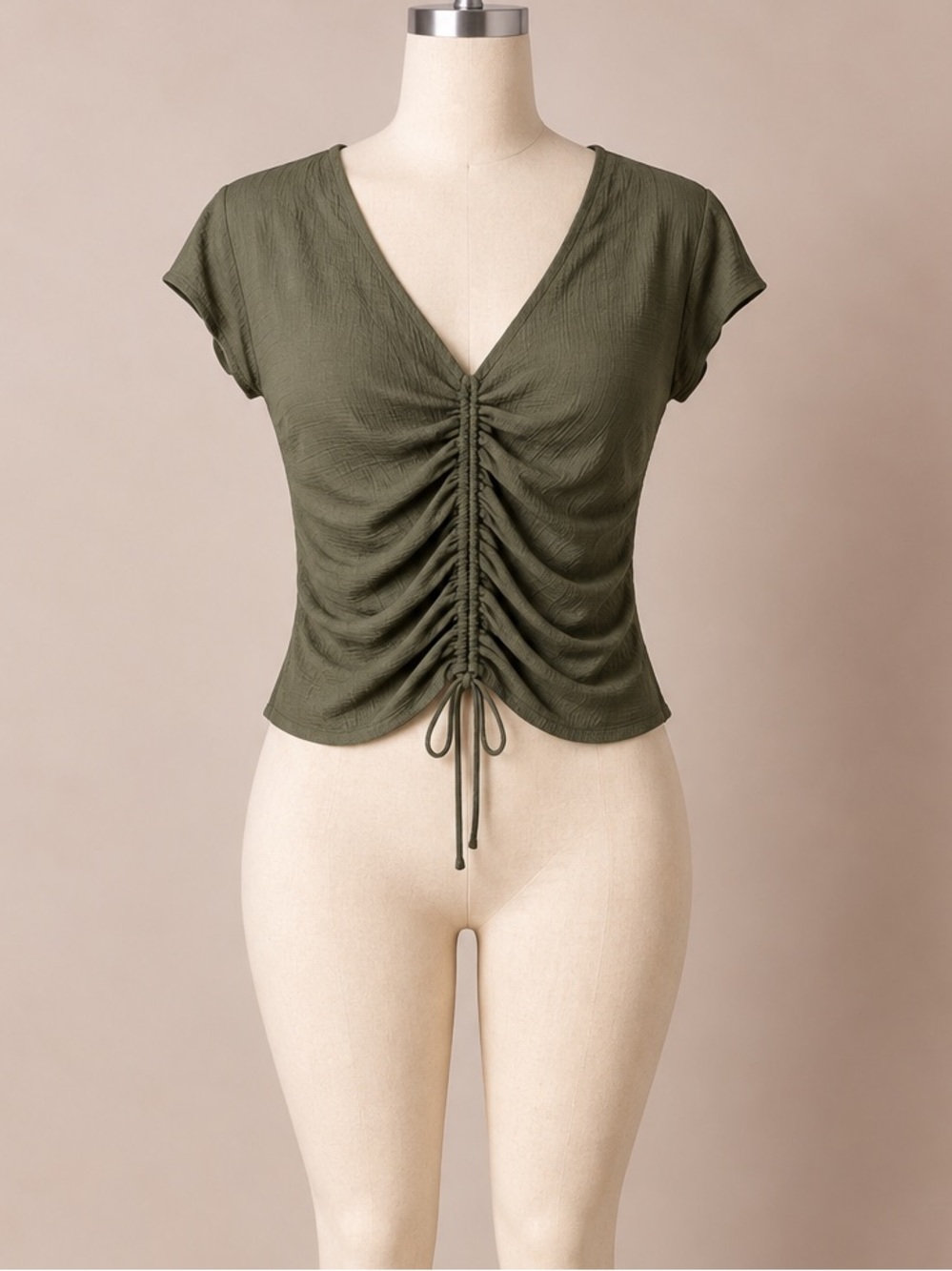 Max Studio London XL Olive Ruched Drawstring Textured Cap Sleeve Blouse